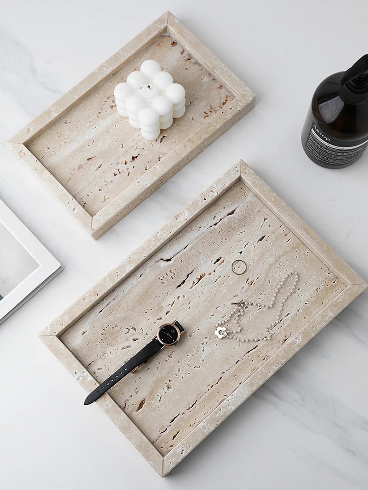 Travertine Tray Oval - Minimalismus-Marmortablett für Parfümkerzen, Schmuck, Travertinstein, Schminktischtablett
