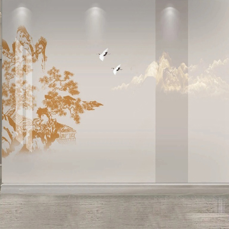 Interior Design Landscape - Elegante chinesische handbemalte Wandtapete aus Kiefernholz