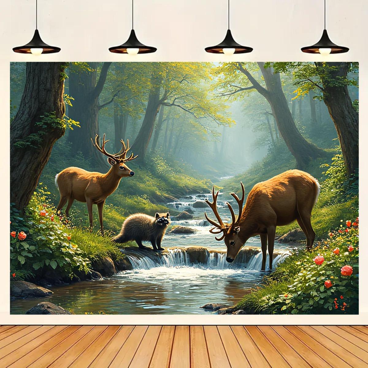 Interior Design Landscape - Hirsch Wald Bach Wandbild 2D HD