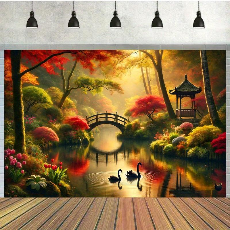 Interior Design Landscape - Herbst Garten Brücke Schwäne Wandteppich 2D