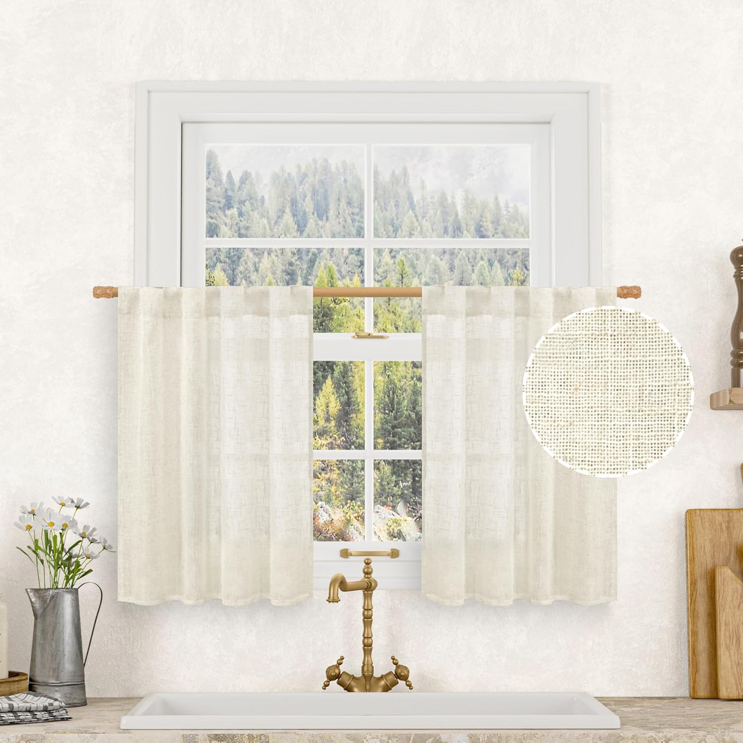 Linen Roller Blind - 2 kurze Leinen-Küchenvorhänge, 91,4 cm Länge,